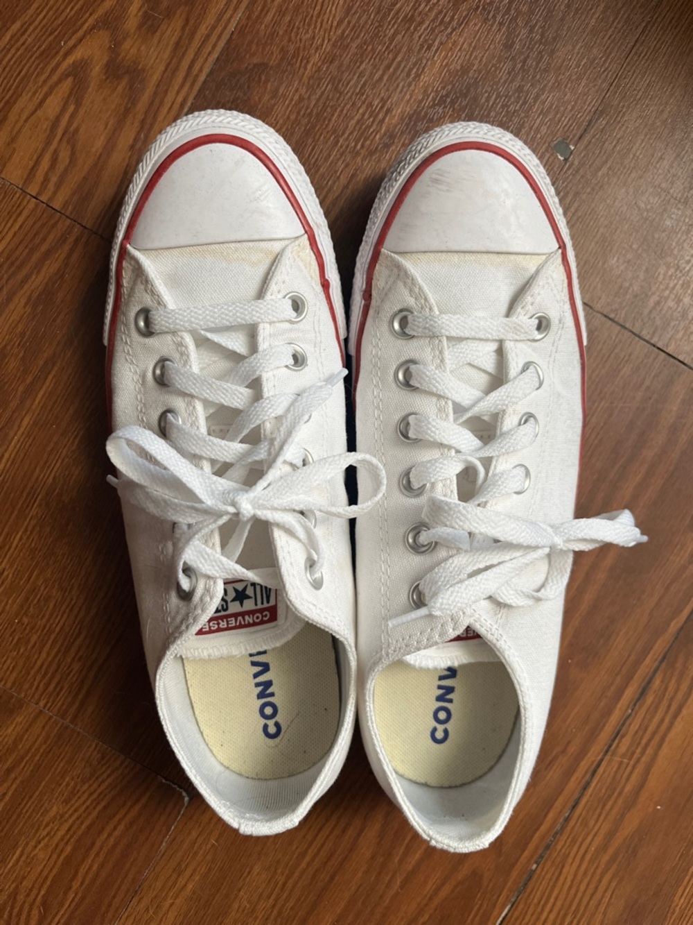 Converse White Canvas Low Tops with Red Accent